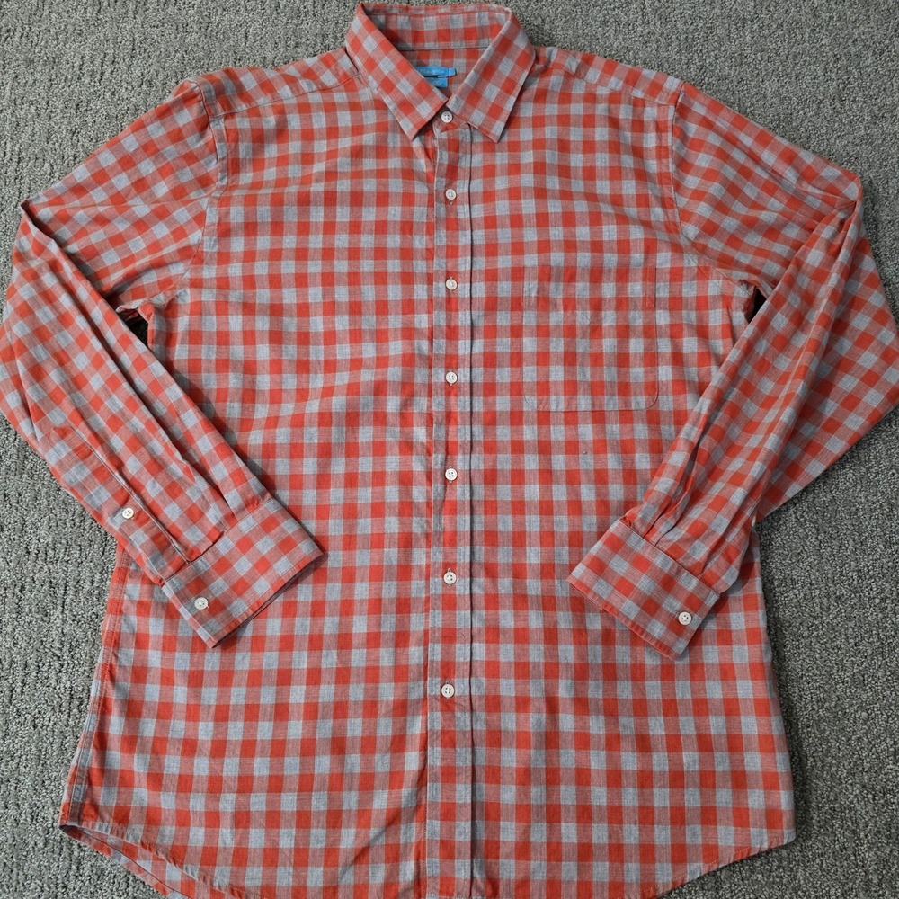 J.McLaughlin Town Fit Gingham Button Front Shirt Mens L Orange Gray Cotton